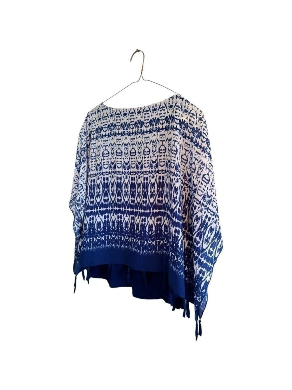 Ruby Rd. Boho Abstract Tunic Blouse Blue & White Kimono Sleeves, PETITE Medium - Picture 4 of 15